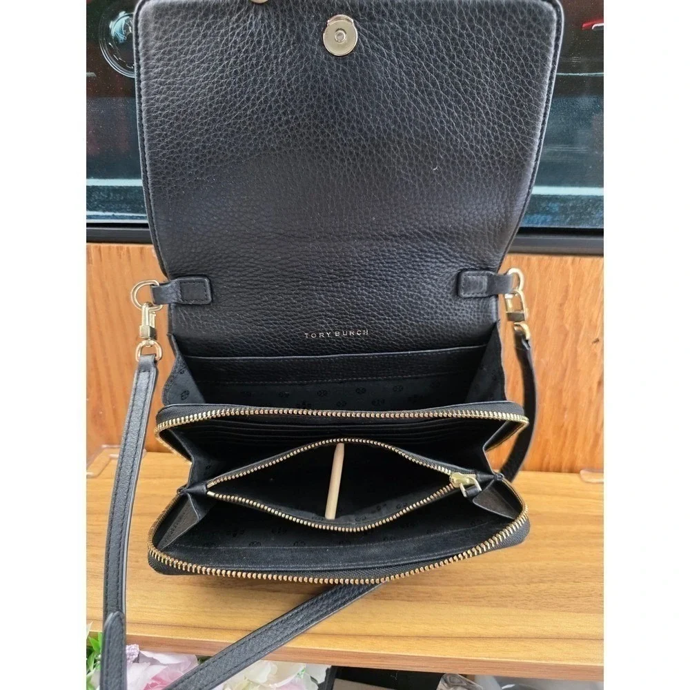 Tory Burch Thea Crossbody Wallet Bag Black Pebbled Leather Gold Hardware